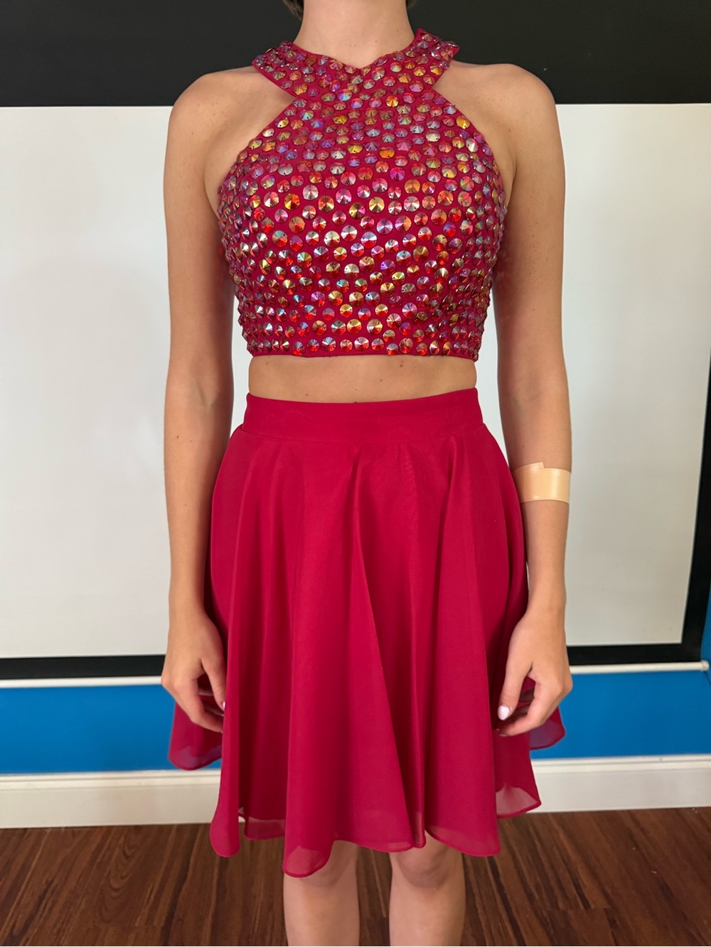 Halter top embellished Two-Piece Cocktail Dress in Fuchsia